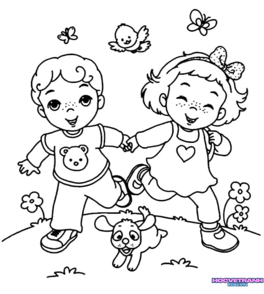 tranh tô màu hai bé dễ thương