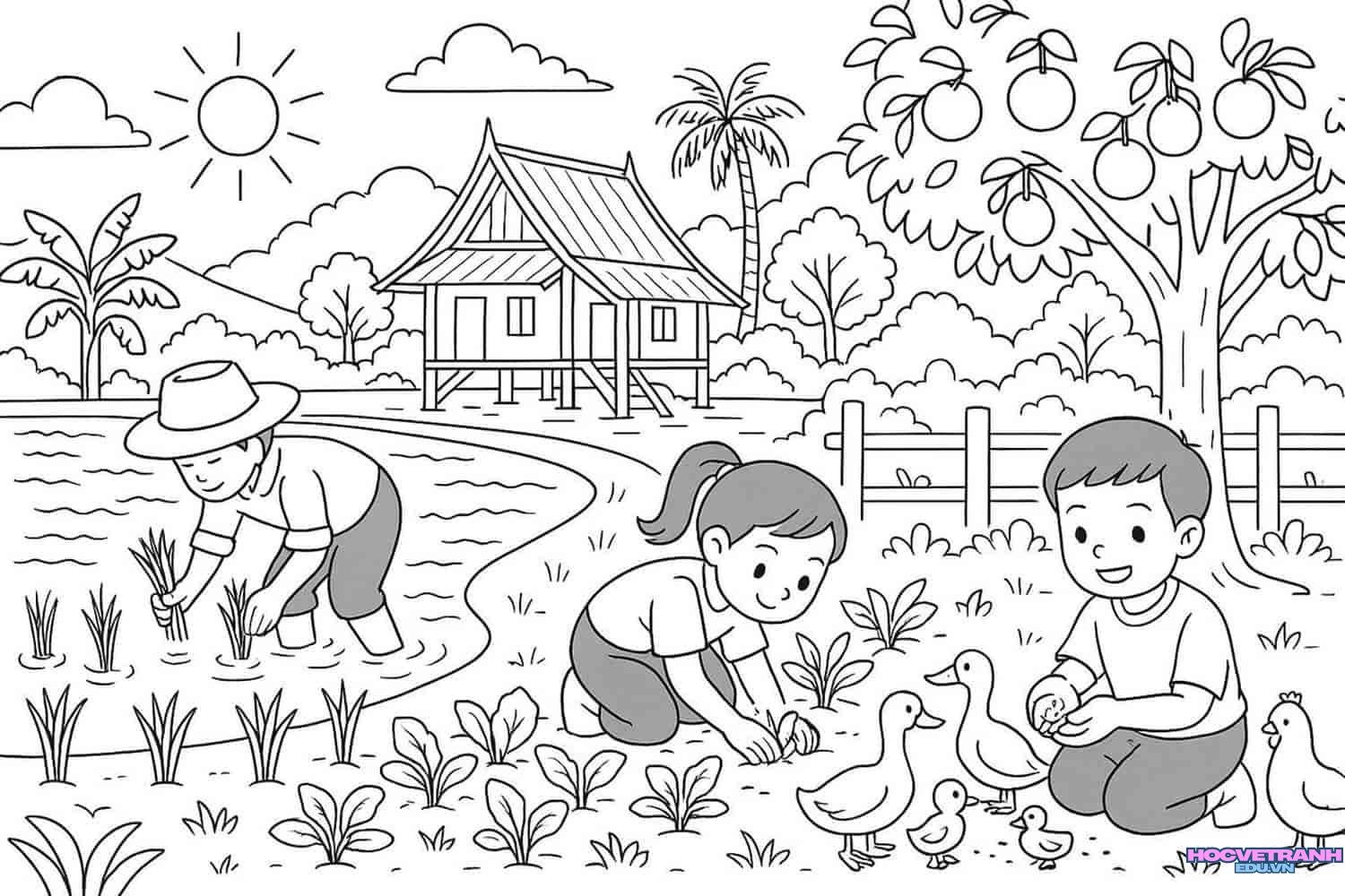 tranh tô màu quê hương thanh bình