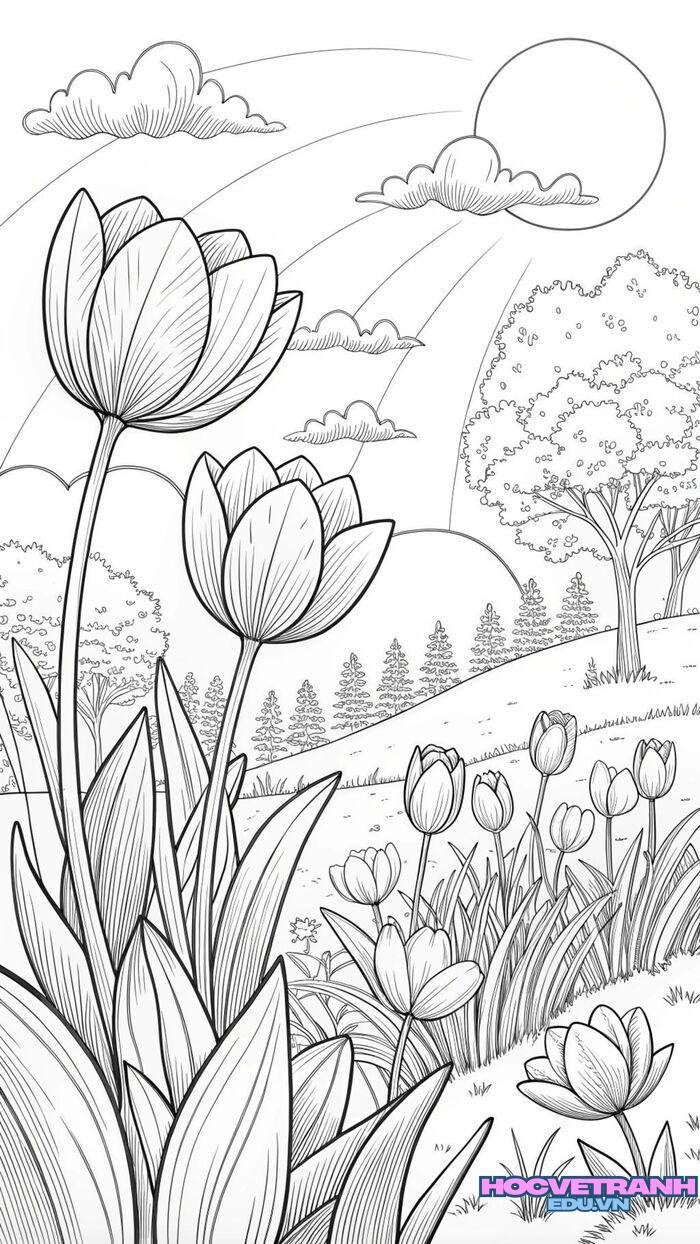 tranh tô màu vườn hoa đẹp 3k