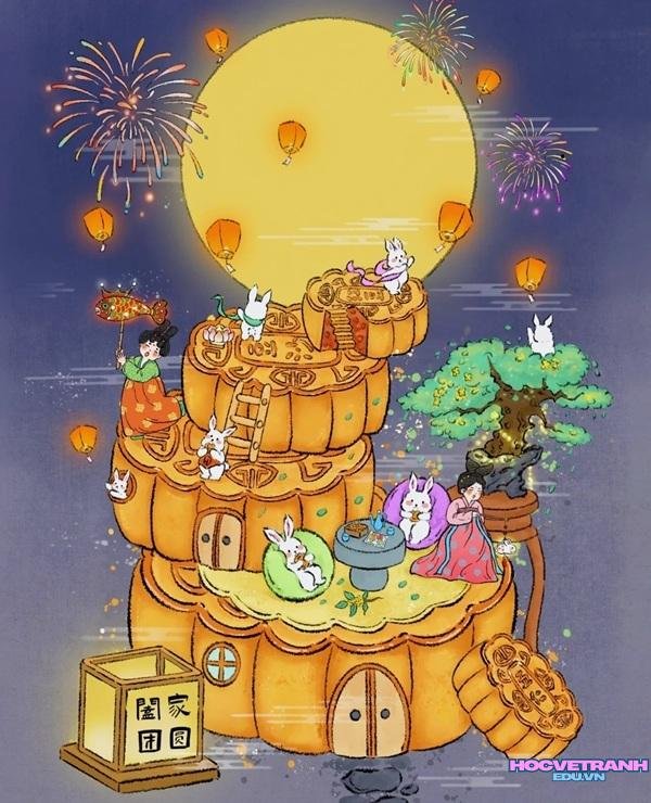 tranh trung thu màu nước