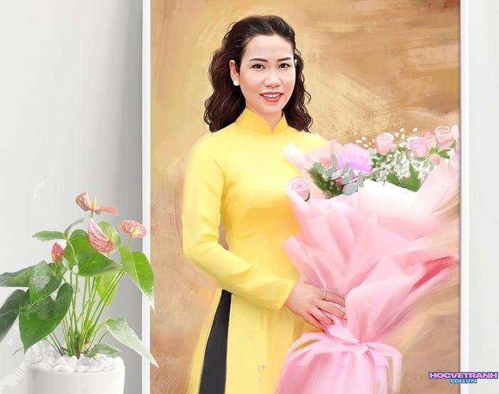 tranh vẽ áo dài với nụ cười