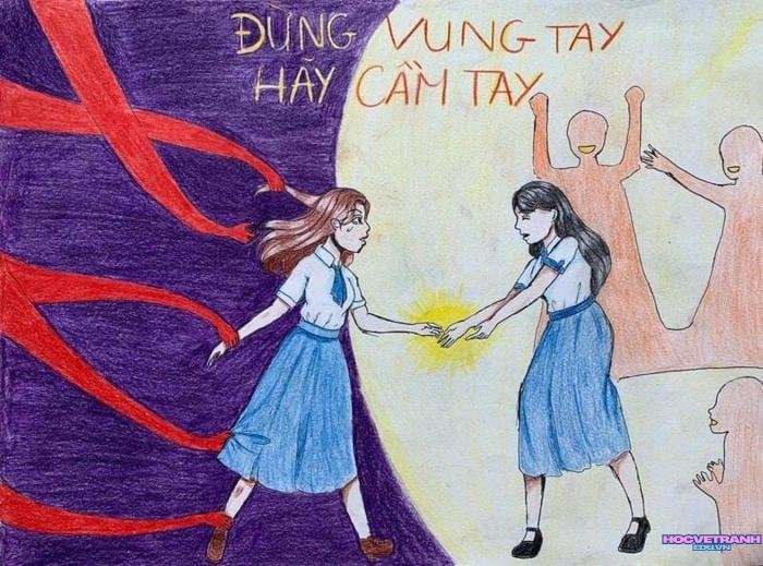 tranh vẽ bạo lực học đường cô đơn