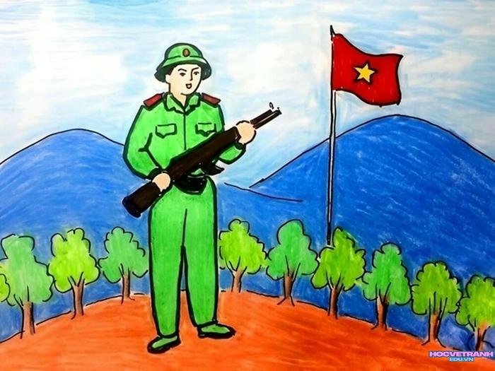 tranh vẽ chú bộ đội đứng gác​
