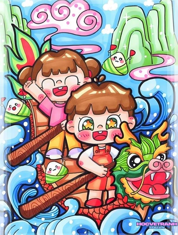 vẽ cảnh bơi đua thuyền