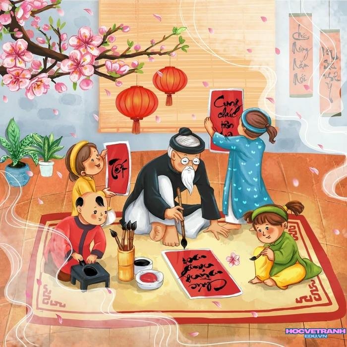 vẽ cảnh đi chơi về ngồi gói bánh