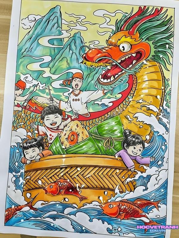 vẽ cảnh hội đua thuyền