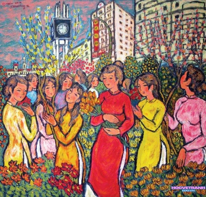 vẽ chợ hoa ngày tết