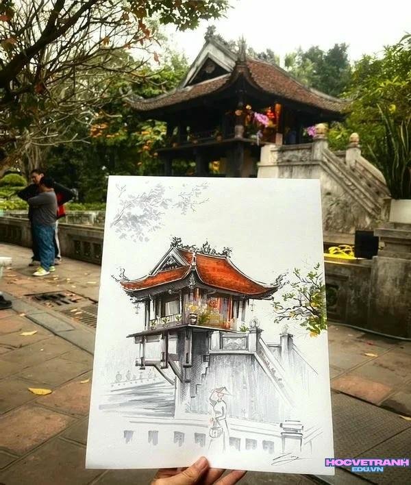 vẽ chùa một cột đơn giản nhất