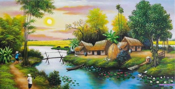 vẽ hoàng hôn đồng quê