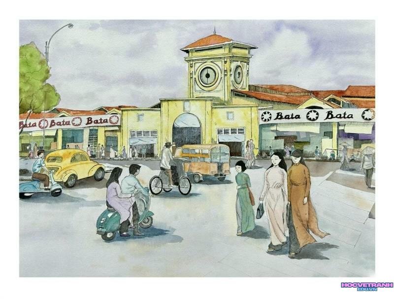 vẽ tranh chợ bến thành