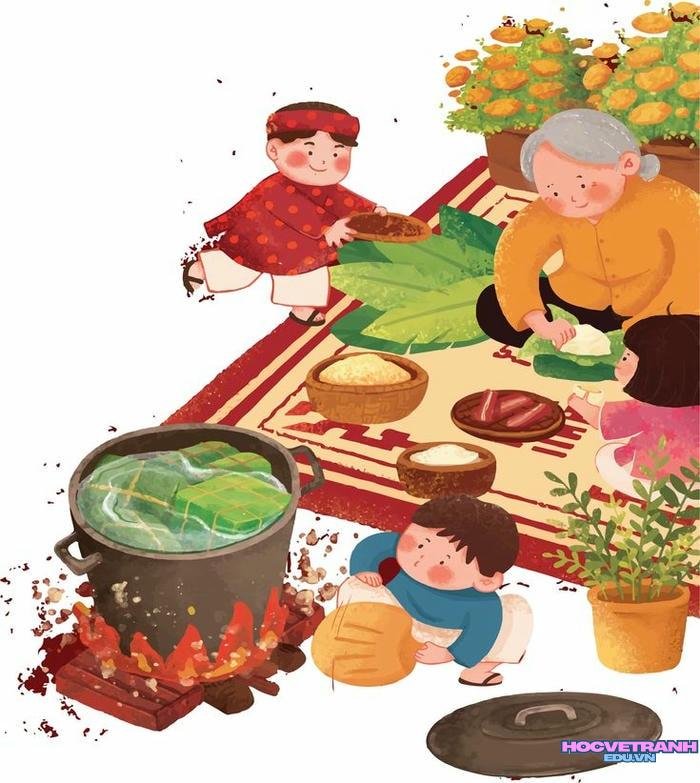 vẽ tranh chợ hoa ngày tết