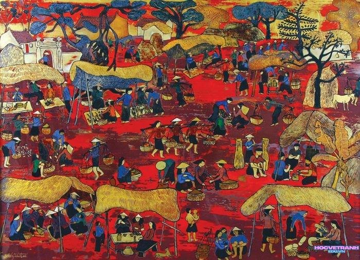 vẽ tranh chợ tết đơn giản đỏ