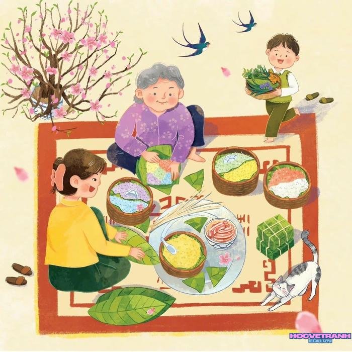 vẽ tranh chợ tết đơn giản full hd