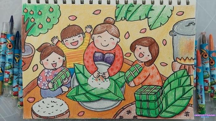 vẽ tranh chợ tết đơn giản hd