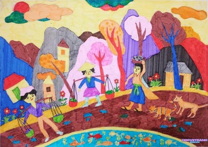 vẽ tranh chợ tết đơn giản nhất