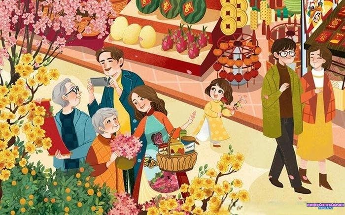 vẽ tranh chợ tết đơn giản trang trí