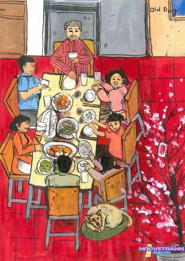 vẽ tranh chợ tết đơn giản