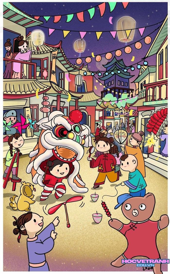 vẽ tranh chợ tết quê em