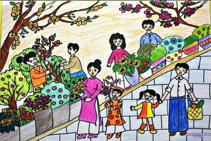 vẽ tranh chợ tết