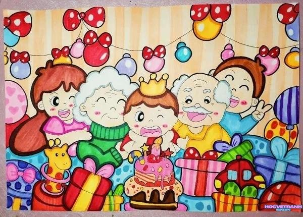 vẽ tranh chúc mừng sinh nhật đã tô màu