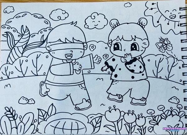 vẽ tranh dân gian bịt mắt bắt dê không màu