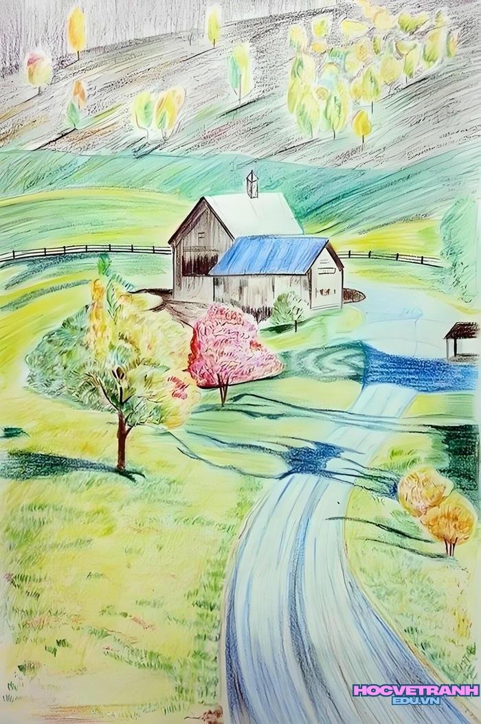 vẽ tranh đơn giản làng quê