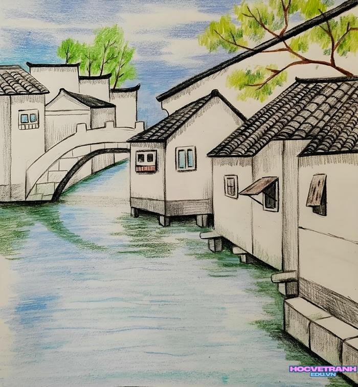vẽ tranh đơn giản nhà bên sông