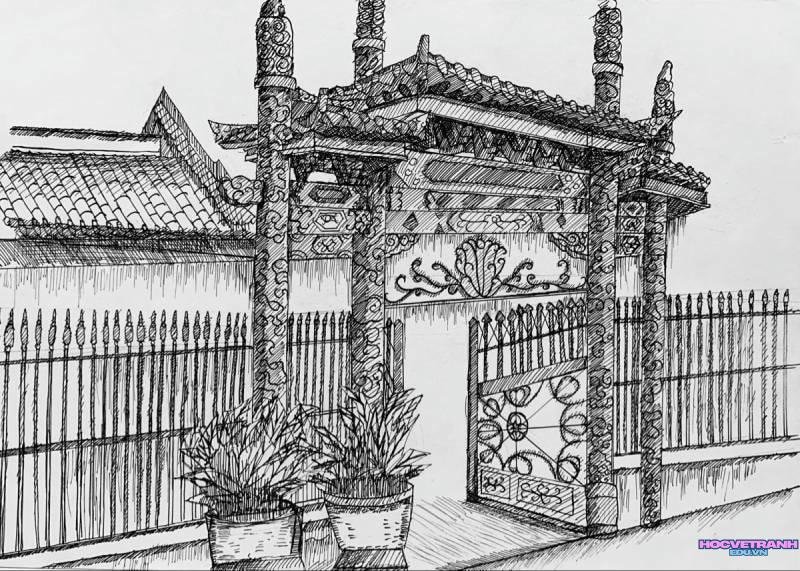 vẽ tranh mái đình cổ