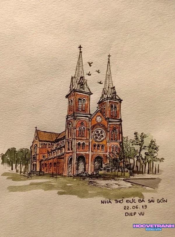 vẽ tranh nhà thờ lớn
