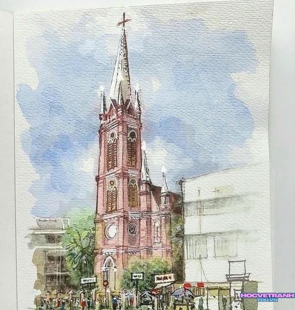 vẽ tranh nhà thờ màu hồng