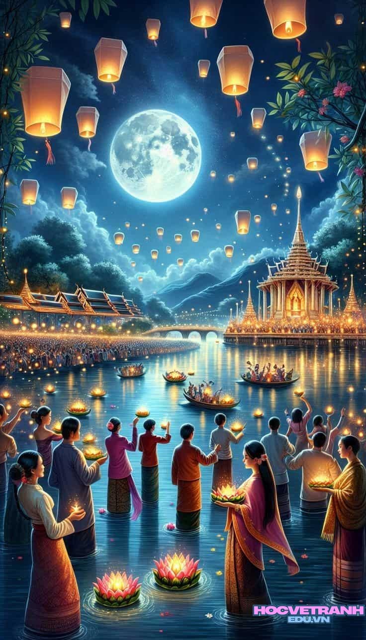 Dòng người thả hoa đăng đêm.