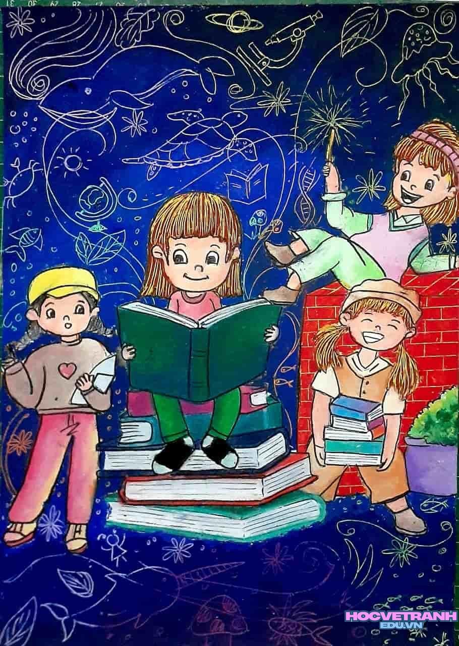 Em ngồi đọc sách chăm chú.