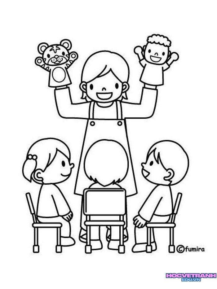 ảnh tranh tô màu cô giáo mầm non siêu xinh