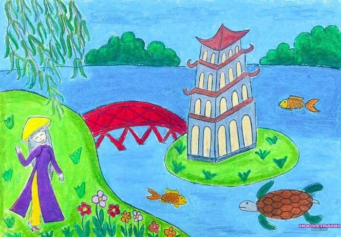 ảnh vẽ tranh hồ gươm cute