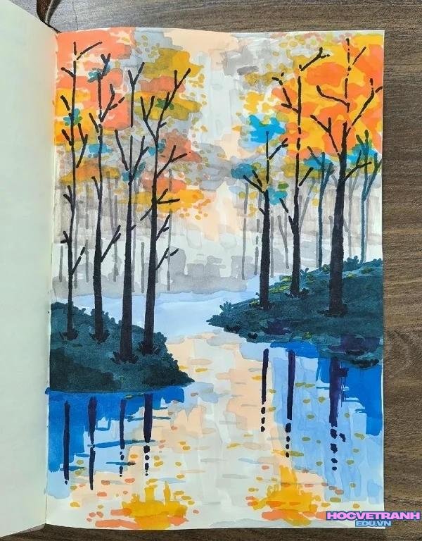 cách vẽ tranh mùa thu đơn giản