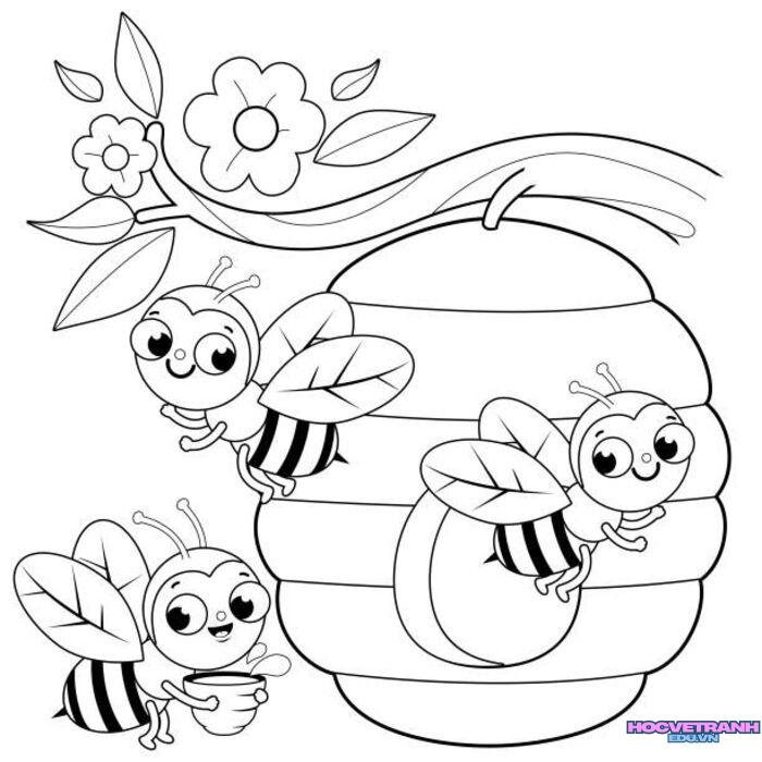 Busy bees flying around a beehive. Vector black and white coloring page