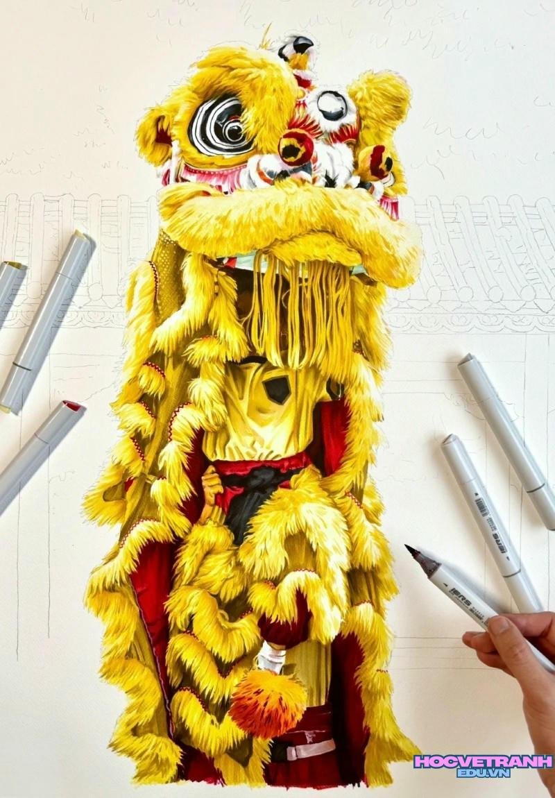 hình ảnh vẽ tranh múa lân ngày tết