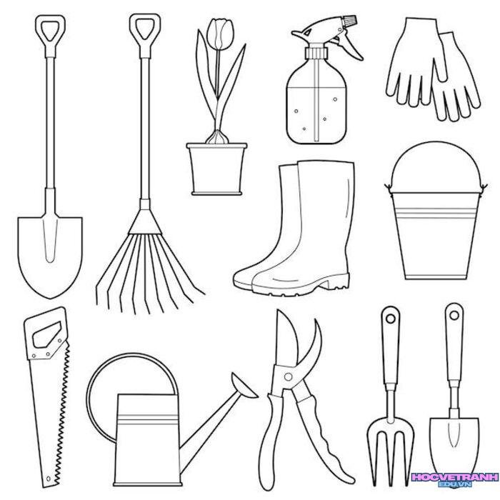 hình tranh tô màu dụng cụ nghề nông xinh