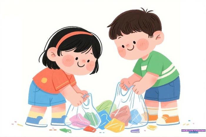 học sinh nhặt rác tranh vẽ