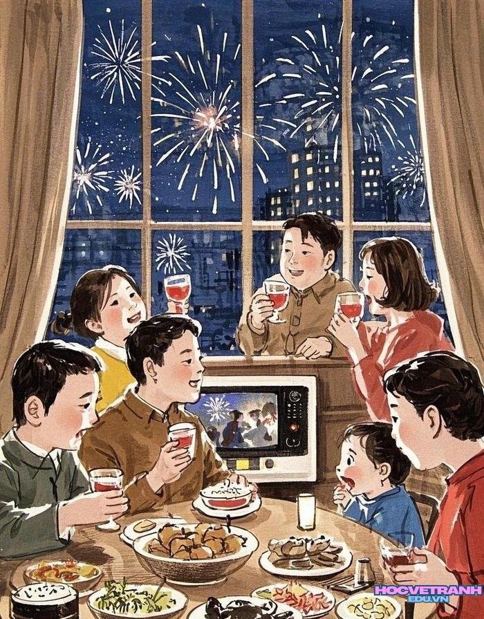 tranh cả nhà xem tivi