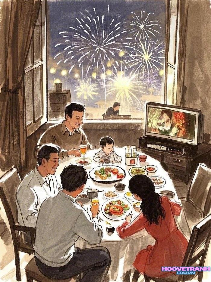 tranh gia đình đón tết