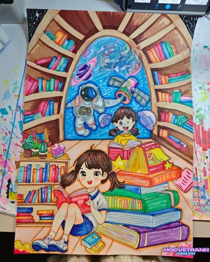 tranh kệ sách sắc màu