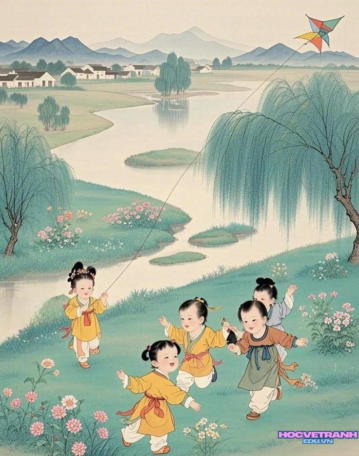 tranh thả diều đơn giản