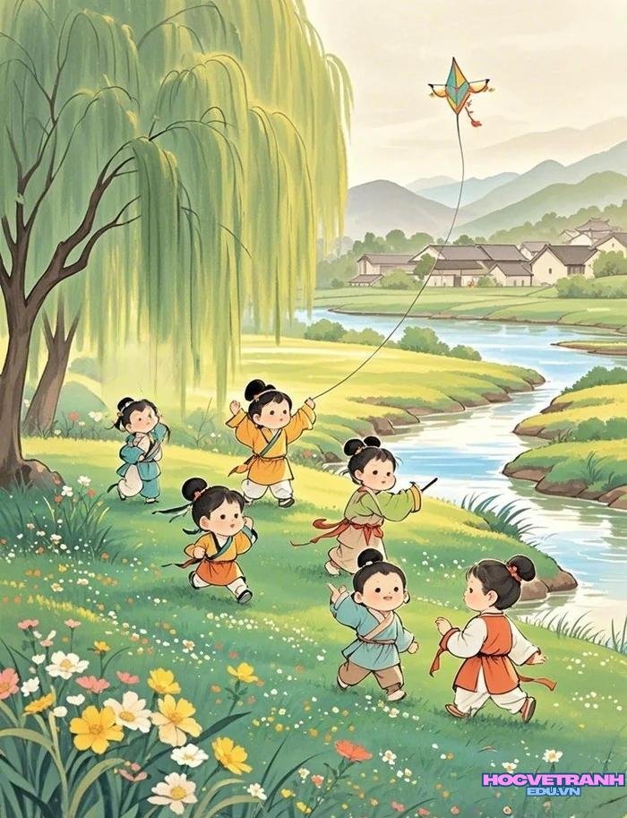 tranh thả diều đồng quê