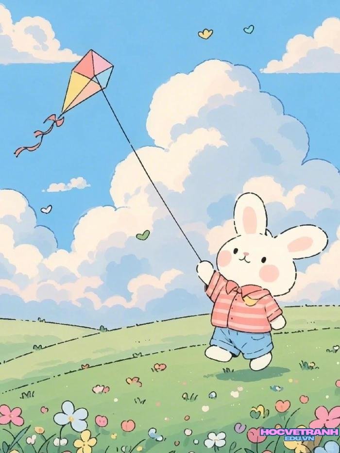 tranh thả diều vui vẻ