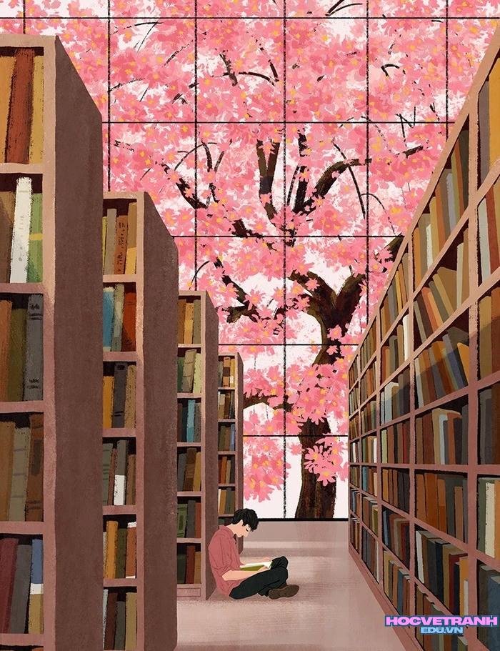 tranh thư viện vui vẻ