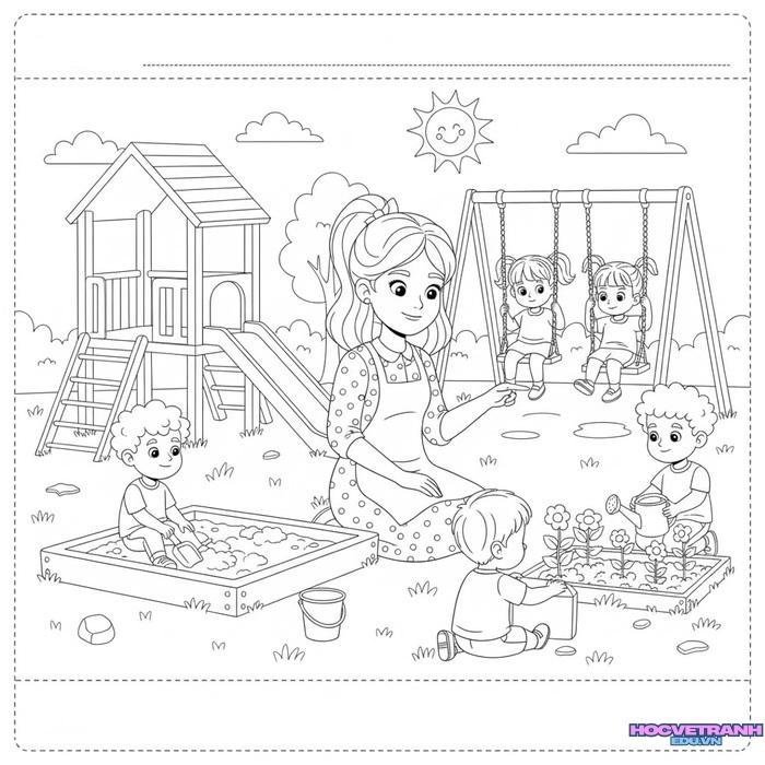 tranh tô màu cô giáo mầm non siêu đẹp