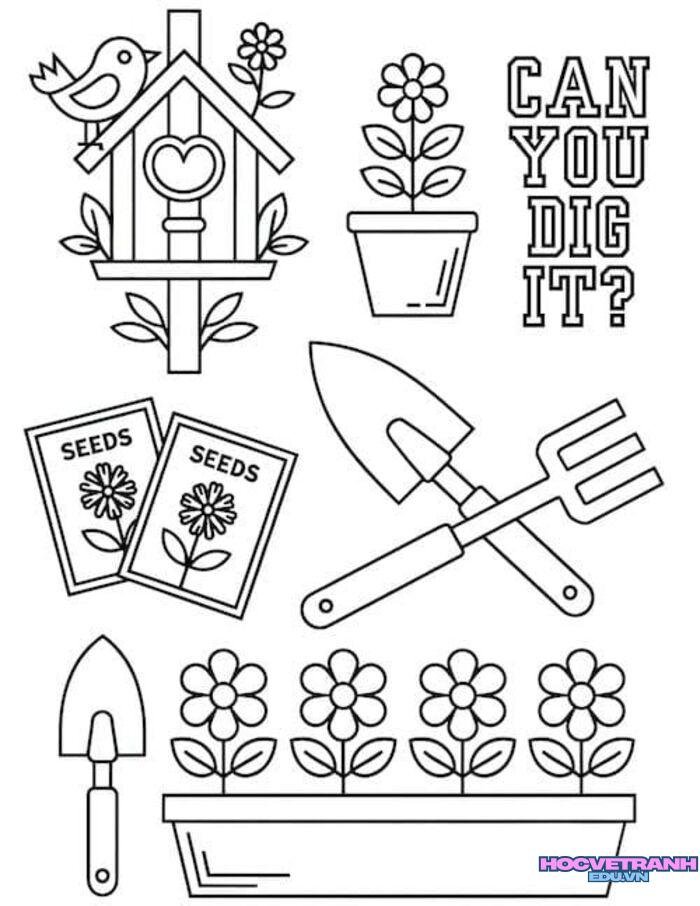 tranh tô màu dụng cụ nghề nông tổng hợp
