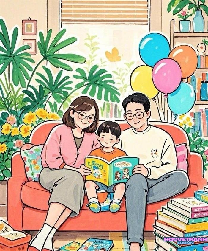 vẽ gia đình chúc tết