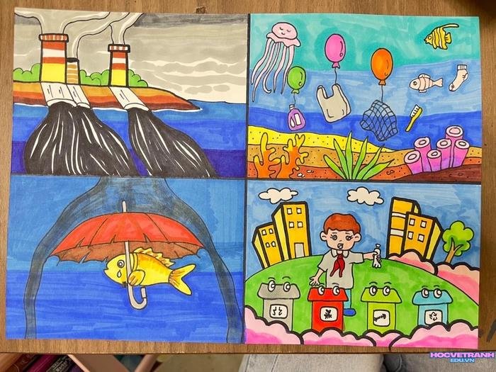 vẽ thiếu nhi nhặt rác